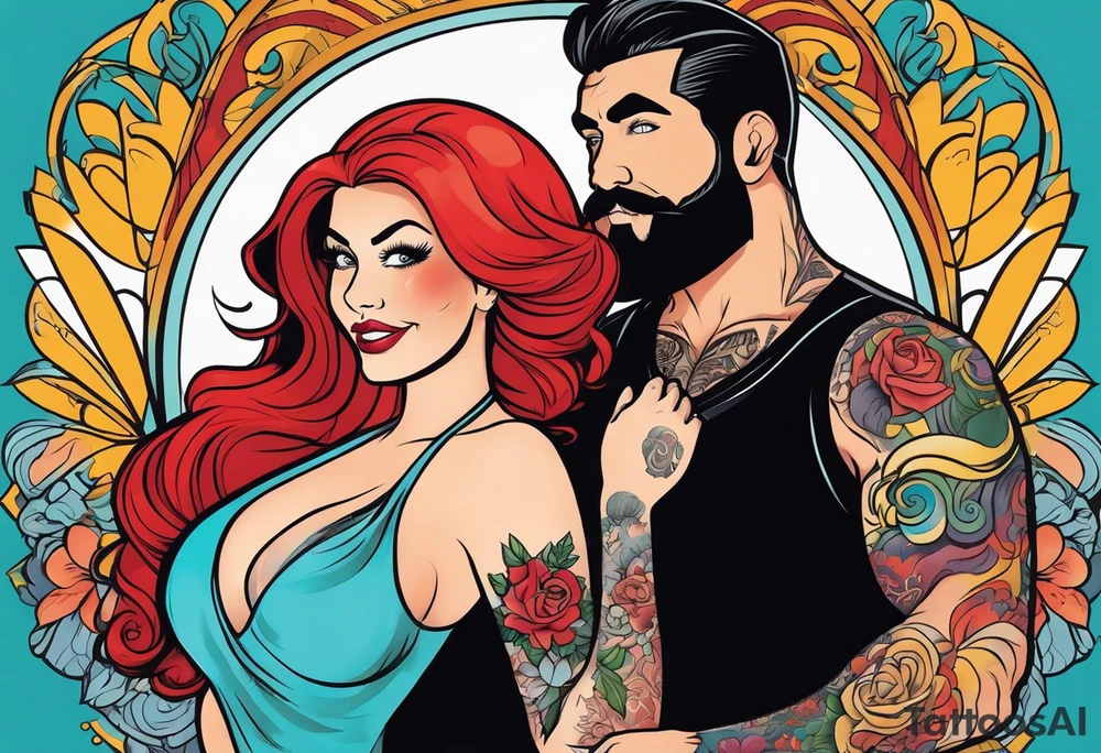 Busty Red haired woman with black haired bearded man tattoo idea