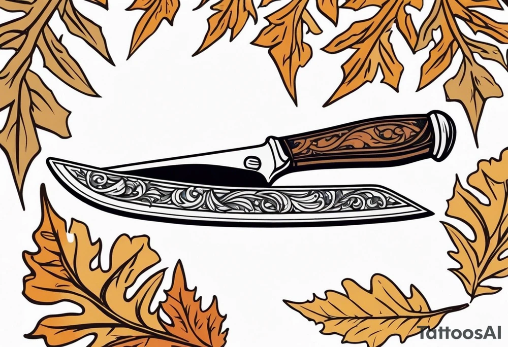 a straight razor lies on oak leaves tattoo idea