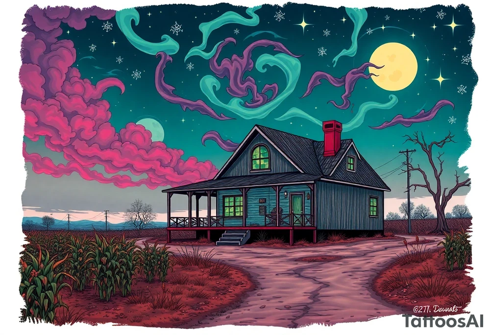 Tim Burton’s el paso texas farm house, with corn crops and pecan orchard from outside view is the street abandoned and dripping with muted reds, dusty pinks, and eerie green glow purple and cyan smokey clouds swirl and dance in the moonlit night sky filled with twinkling stars  tattoo idea tattoo idea
