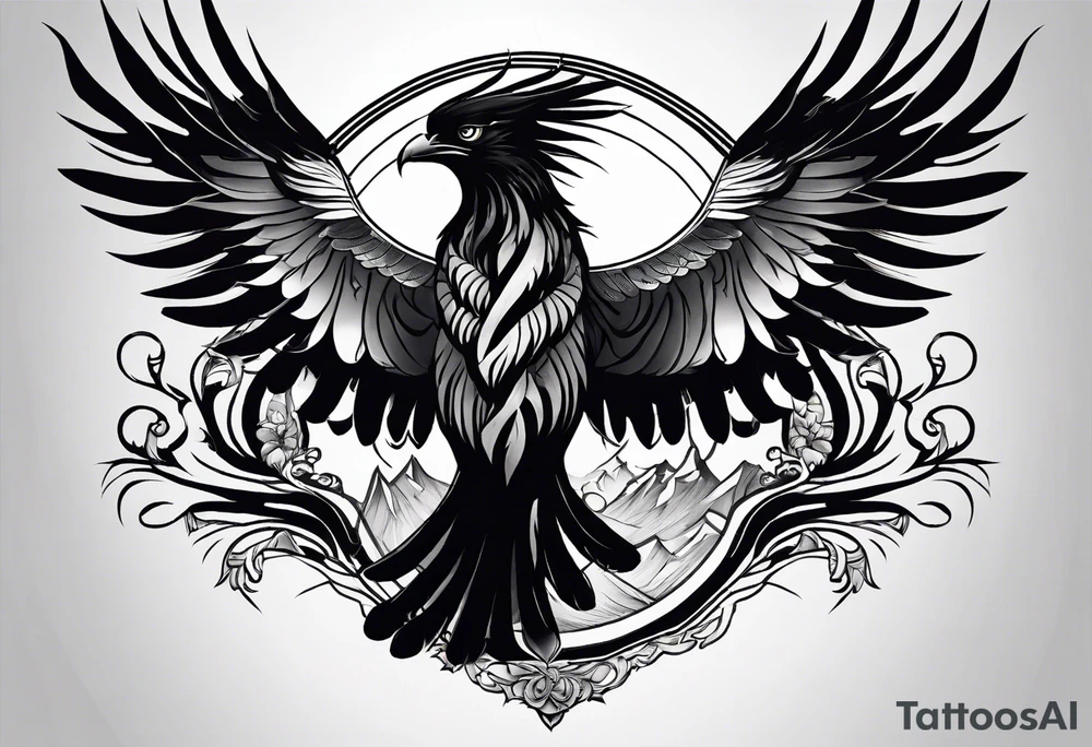 Phoenix with Raven and Tiger on left side and deer and owl on right tattoo idea