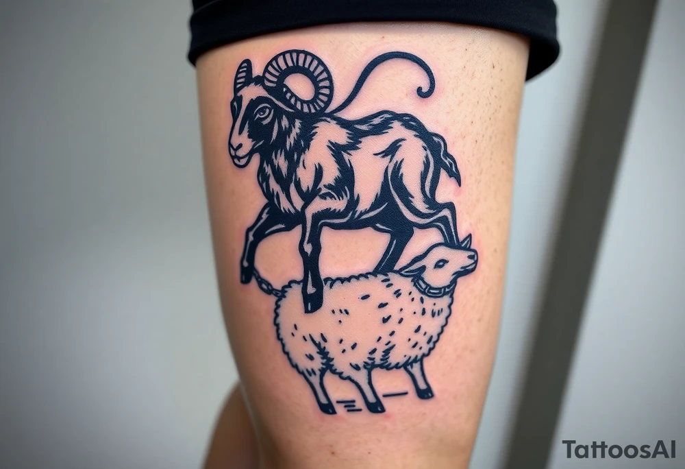 Black sheep with muscles breaking out of chains 
Calf tattoos walking over white sheep tattoo idea