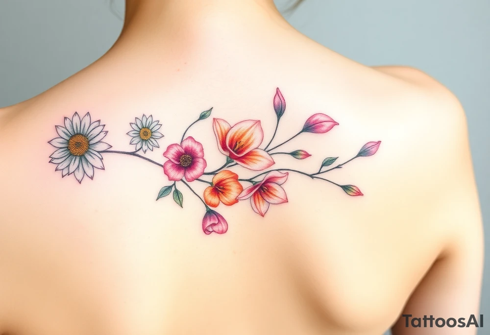 This tattoo is on a woman. It is a line of flowers connected by a single stem. It starts on her left side of the chest with a Glaiolus and Daisy together, then the tatoo rises over the left shoulder and down the arm and ends at the elbow. The tattoo will include a primroses, Calla Lilys, and Lillys. It will be light on color except in the petals and has light shading to make it pop. tattoo idea
