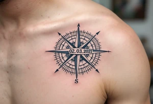 Jakoubek name and date 02. 03. 2021 – A classic blue and gray compass with Jack's birthdate etched in bold, modern font at the center. tattoo idea