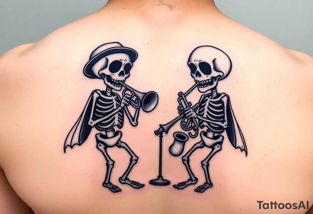 Two cartoon skeletons playing music together with trombone and trumpet tattoo idea