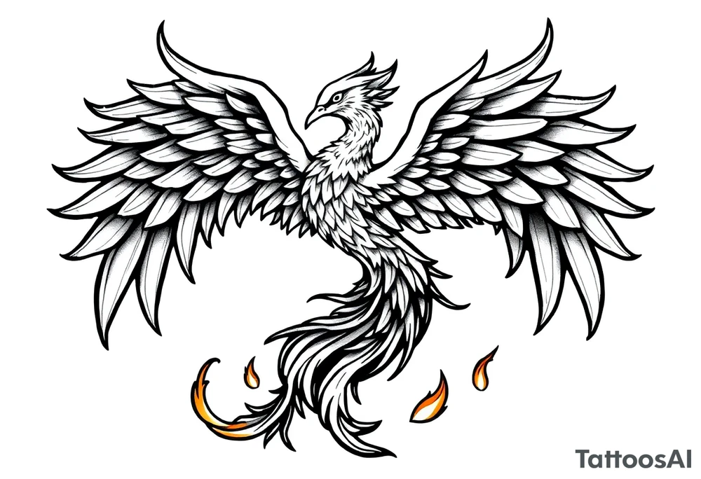 magnificent phoenix rising from golden flames with trailing embers tattoo idea