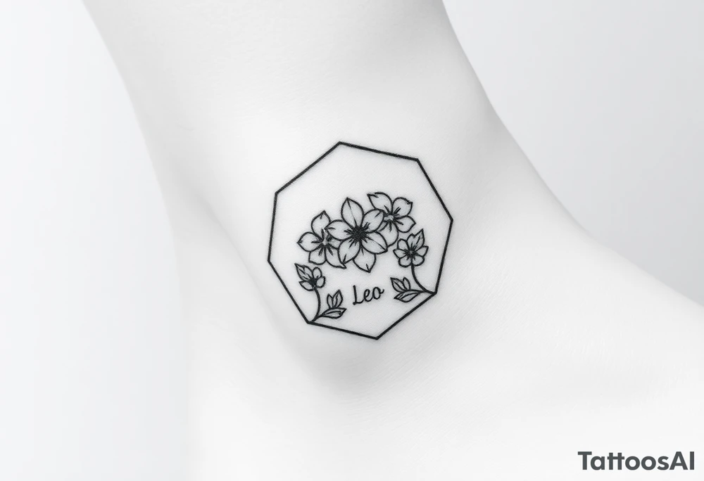 Hexagon with astrological sign for Leo, larkspur and water lilies in the center tattoo idea
