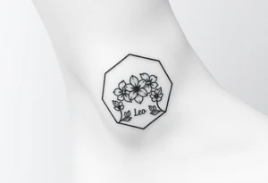 Hexagon with astrological sign for Leo,  larkspur and water lilies in the center tattoo idea
