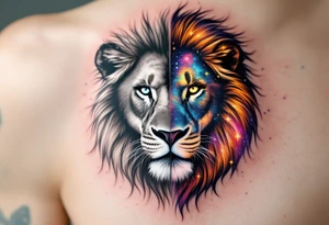 A realistic lion face is split down the middle, one half in grayscale and the other filled with Leo’s star constellation and colorful galaxies. tattoo idea
