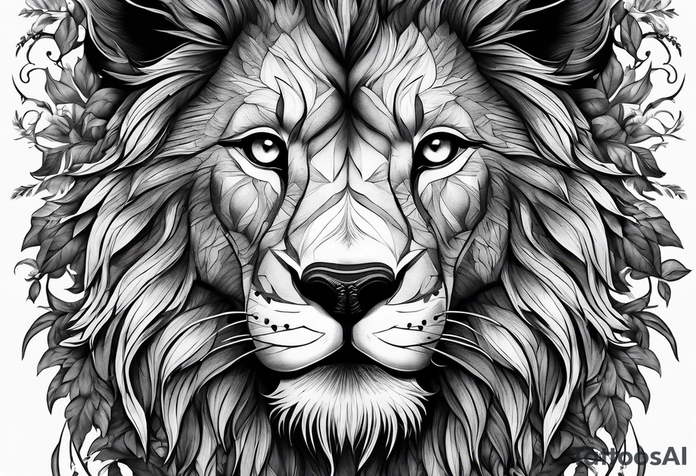 a face of a fearless lion combined whit a fearless wolf in the wood tattoo idea