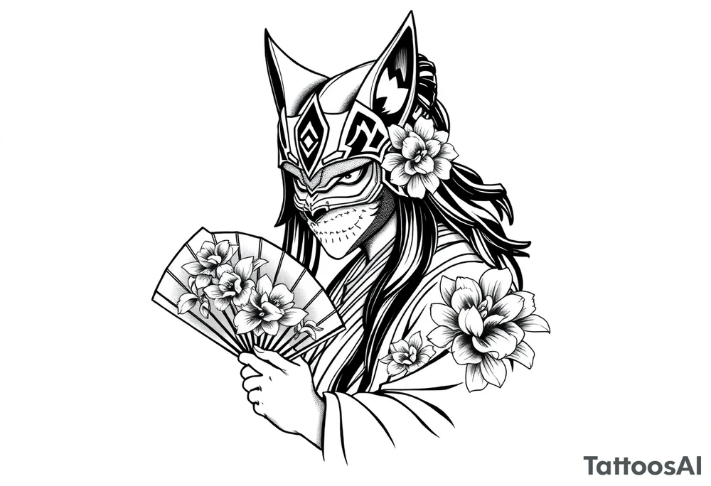 japanese samurai woman wearing a kitsune half-mask and  holding a fan with irises flowers ornement tattoo idea