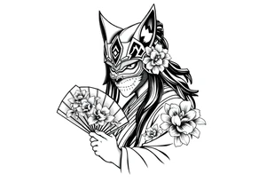 japanese samurai woman wearing a kitsune half-mask and  holding a fan with irises flowers ornement tattoo idea