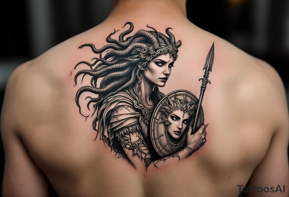 Athena goddess of war and wisdom on women’s upper arm 
Medusas head on her shield and her spear tattoo idea