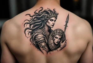 Athena goddess of war and wisdom on women’s upper arm 
Medusas head on her shield and her spear tattoo idea