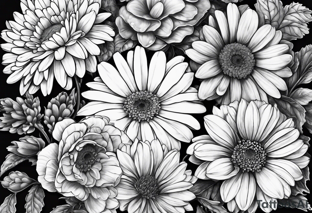 Gerber daisies, marigolds, hydrangeas, begonia tattoo idea Gerber daisies, marigolds, hydrangeas, begonia tattoo idea