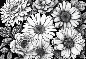 Gerber daisies, marigolds, hydrangeas, begonia tattoo idea