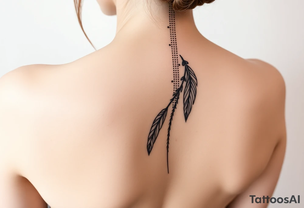 Thin spinal tattoo following down the spine in a native style with multiple different lengths flowing lines made of a discreet connection of morse code ".--- .- --.     .-.. ... -.- .- .-.   -.. .. --.     .-.. .. .-.. .-.. . -... .-. --- .-. connected to flowing feathers tattoo idea