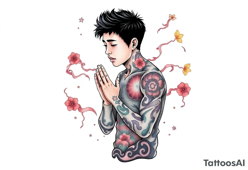 Handsome Asian young guy is standing on his knees apologising tattoo idea