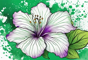 An outline of an only green rio dipladenia flower and a green and purple watercolor splash in the background tattoo idea