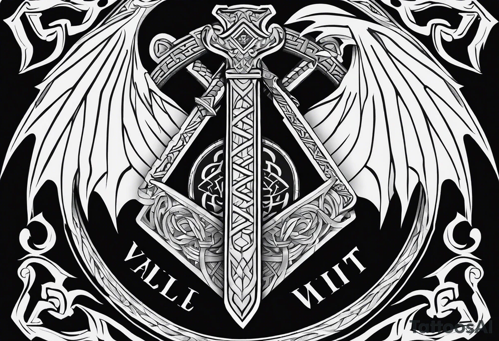Valhalla sword shield dragon axe Valknut tattoo idea