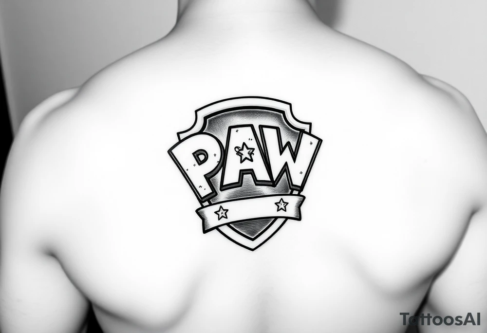 Paw patrol badge with letters  K M C wrapped stacked offset around it tattoo idea