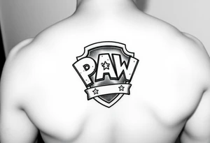 Paw patrol badge with letters  K M C wrapped stacked offset around it tattoo idea