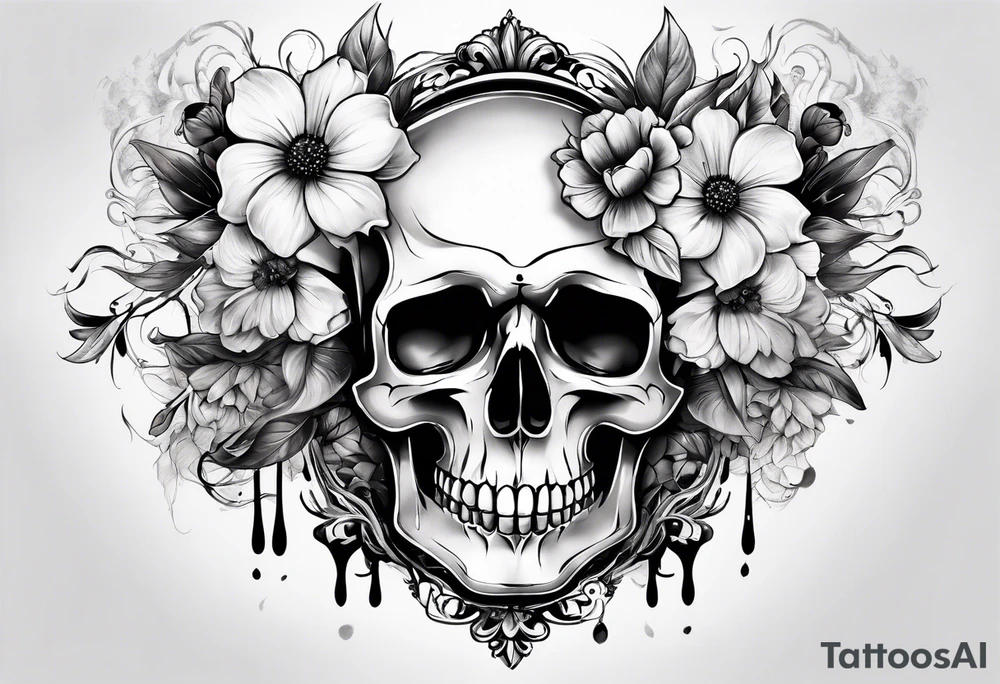 front knee tattoo with flowers & skulls, & water washes, background washes tattoo idea