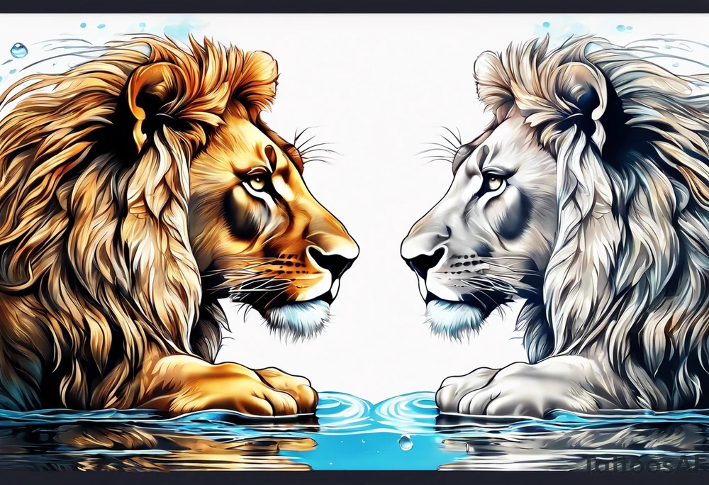 a baby lion looking at his reflection in the water and sees a full grown huge muscular lion tattoo idea