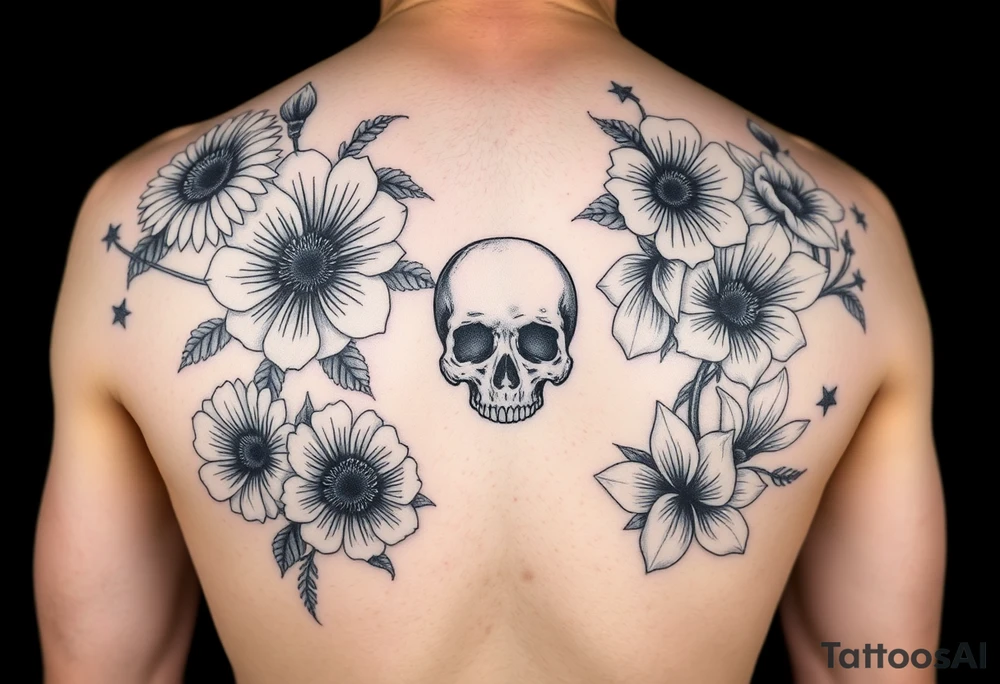 Half sleeve of feminine florals with daisies, poppies, white narcissus, sweet peas, gladiolus with a skull tattoo idea