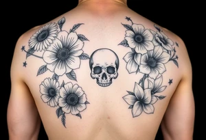 Half sleeve of feminine florals with daisies, poppies, white narcissus, sweet peas, gladiolus with a skull tattoo idea
