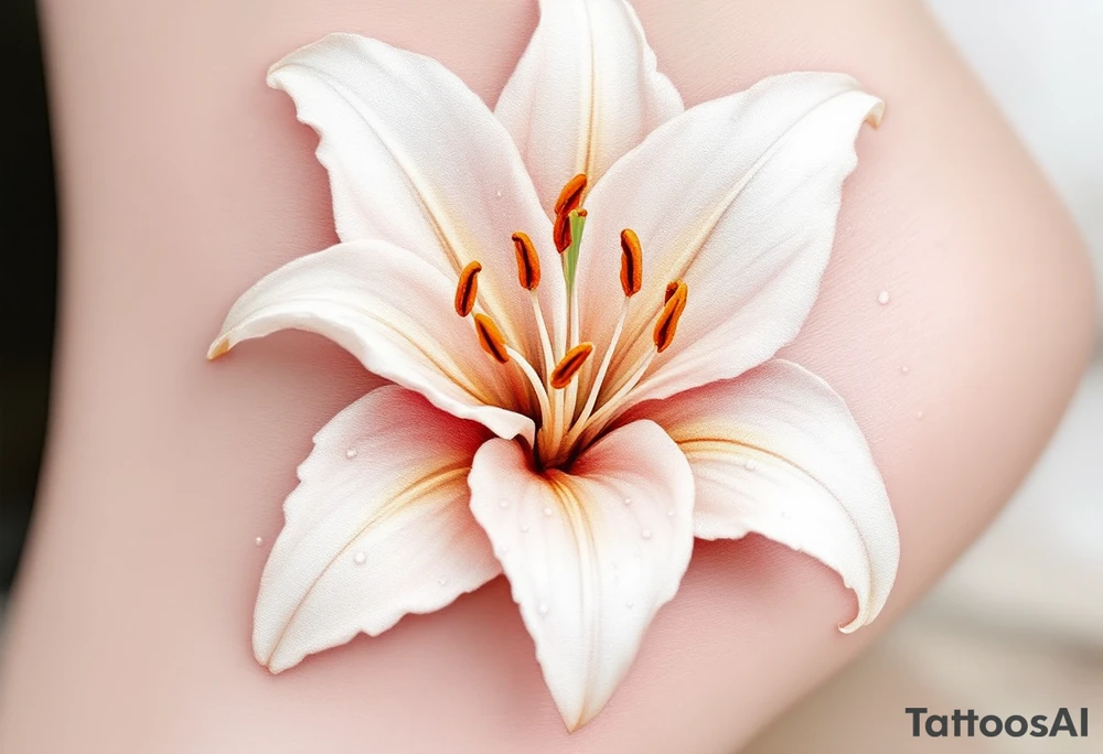 A beautifully detailed white lily with soft golden accents, its petals gracefully curving outward, revealing subtle hints of blush pink near the center. Tiny dew droplets rest on the petals, reflecting light for a realistic effect. tattoo idea