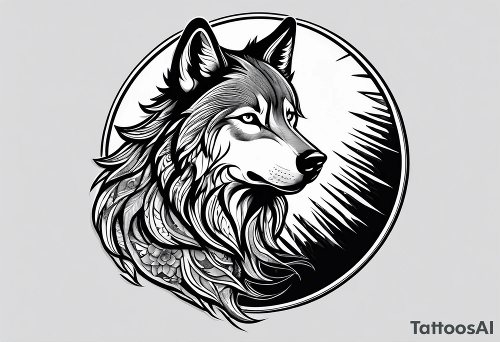 strength, small, howling wolf, elegant, sun, lenghty tattoo idea