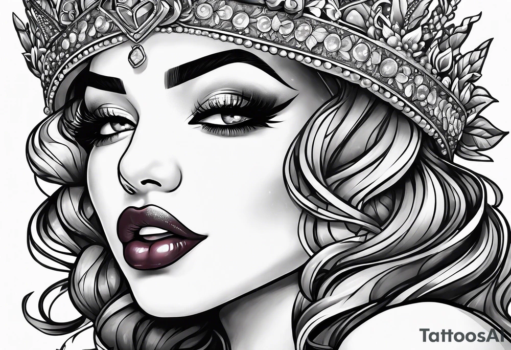 Latina Queen ahegao, tongue out drooling, happy, whitespace hentai tattoo idea