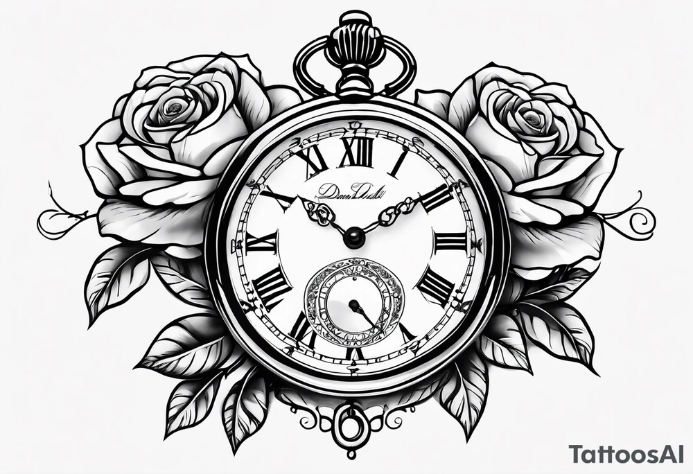 Pocket watch with chain and roses tattoo idea