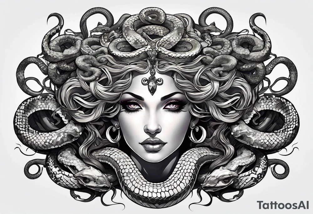 Neo traditional Medusa heads with snakes, pile of skulls tattoo idea