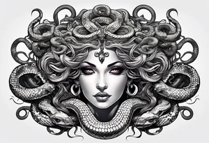 Neo traditional Medusa heads with snakes, pile of skulls tattoo idea