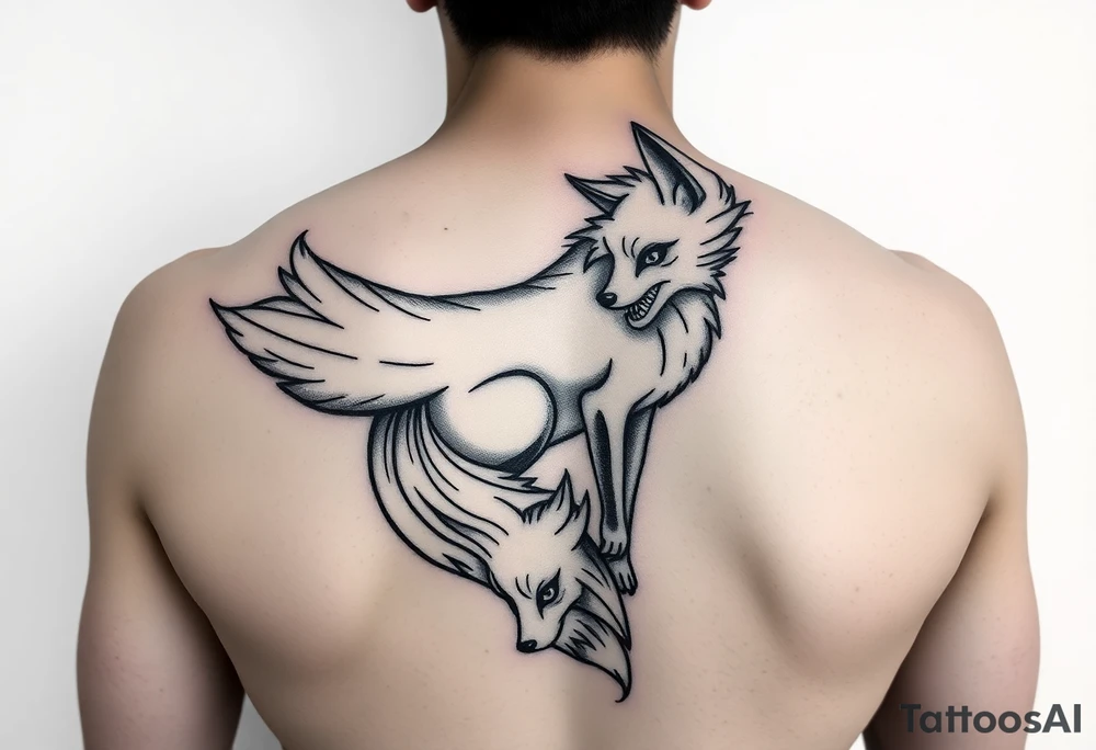 feminine fox of nine tails, the tails are flowy and end looking like flames. The tails wrap around the shoulder body curves and head ending below the armpit tattoo idea