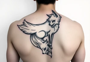 feminine fox of nine tails, the tails are flowy and end looking like flames. The tails wrap around the shoulder body curves and head ending below the armpit tattoo idea