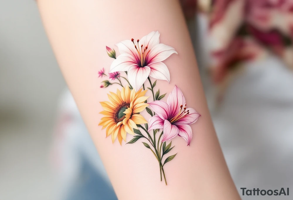 Sunflowers and stargazer lillies in pink and white in a dainty wildflower bouquet with stems tattoo idea