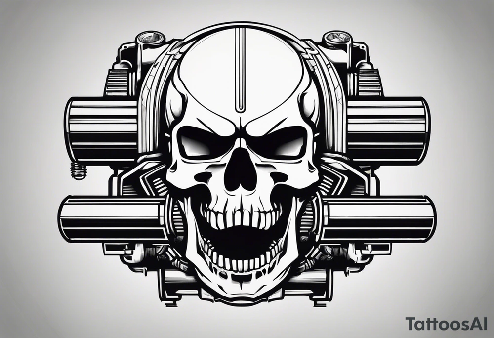 Powerful skull and engine, in this appears a piston and a turbo, also the dseign must be vertical. Also, the desing must be minimalistic not saturated. Remember the vertical design as this will go in my calf tattoo idea