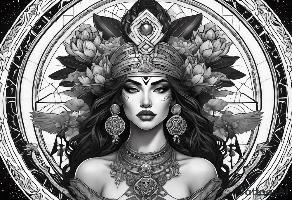 kali ma, alien goddess, valkrye, aries, pirate, divine feminine, zenza resonance, pachamama, lotus azul, blank panther, eagle, skull, 5D, nueva gaya, dna 12 tattoo idea