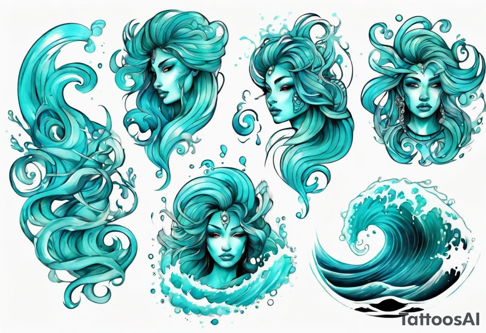 a beautiful turquoise face in an ocean wave tattoo idea