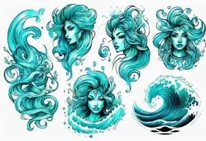 a beautiful turquoise face in an ocean wave tattoo idea