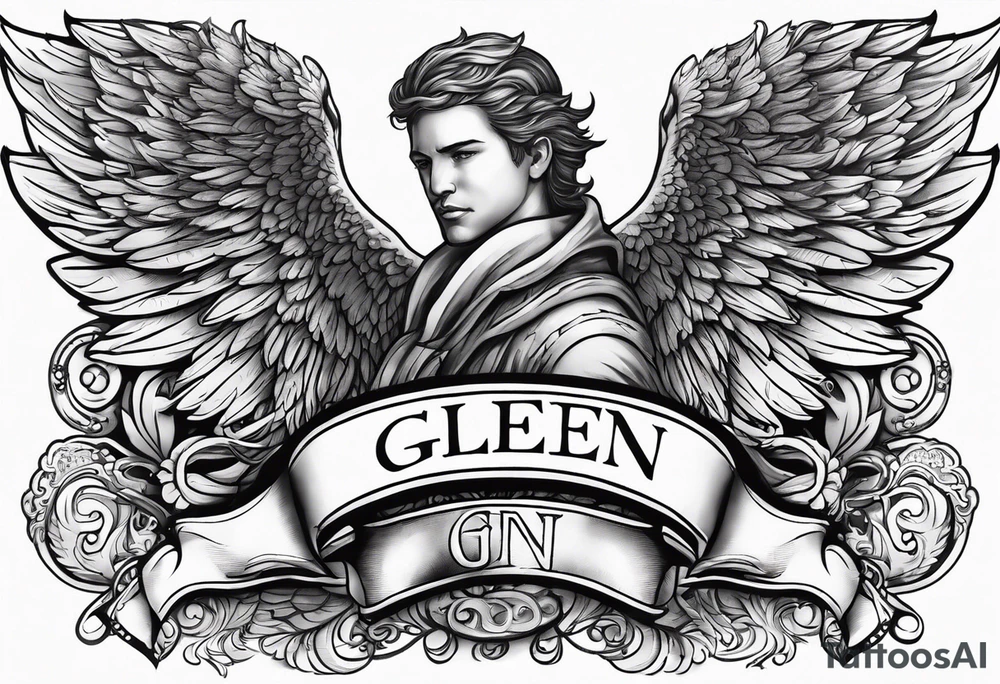 The word Glenn on a banner with angel Wings tattoo idea