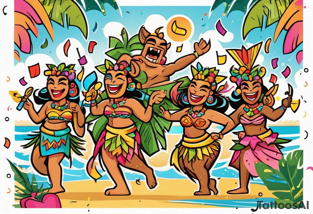 hulu tiki party with dancing tiki guys and sexy tiki girls on a beach with music notes and confetti around a blank space in the middle tattoo idea