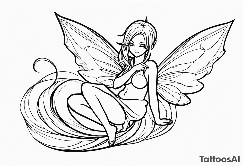 No color fairy with a tail inspired by the logo of the anime show called Fairy Tail in a fetal position leaning in and forward while in the air floating and sleeping tattoo idea