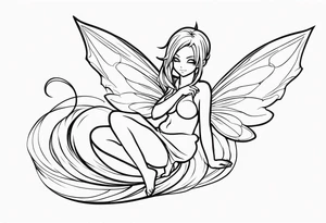 No color fairy with a tail inspired by the logo of the anime show called Fairy Tail in a fetal position leaning in and forward while in the air floating and sleeping tattoo idea