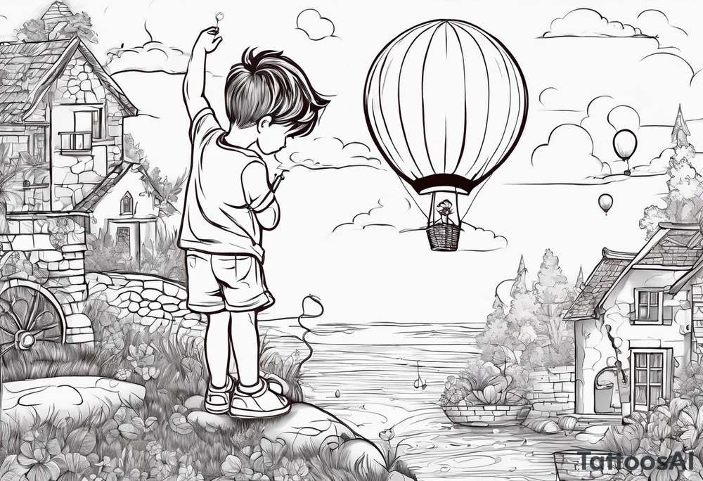 tatoo in sketch style only.
A little boy is holding a string to the hearth shaped small party baloon.
boy should be drawed from behind and has one hand reaching up in 45 degree angle and holding the baloon string
On the string is a wave which look like a hearbeat pulse.
draw it without any scenery, without any background. Just a boy 
Add heartbeat pulse on the string tattoo idea