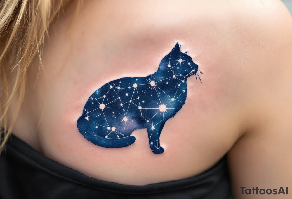 Constellation Cat Silhouette – A navy-blue cat filled with constellation lines and white star dots, resembling a cosmic map. tattoo idea