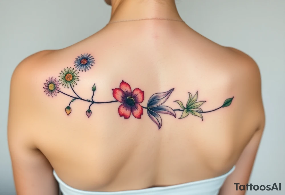 This tattoo is on a woman. It is a line of flowers connected by a single stem. It starts on her left pectoral with a Glaiolus and Daisy together, then the tatoo rises over the left shoulder and down the arm and ends at the elbow. The tattoo will include a primrose, Calla Lily, and a Lilly. It will be light on color except in the petals and has light shading to make it pop. tattoo idea