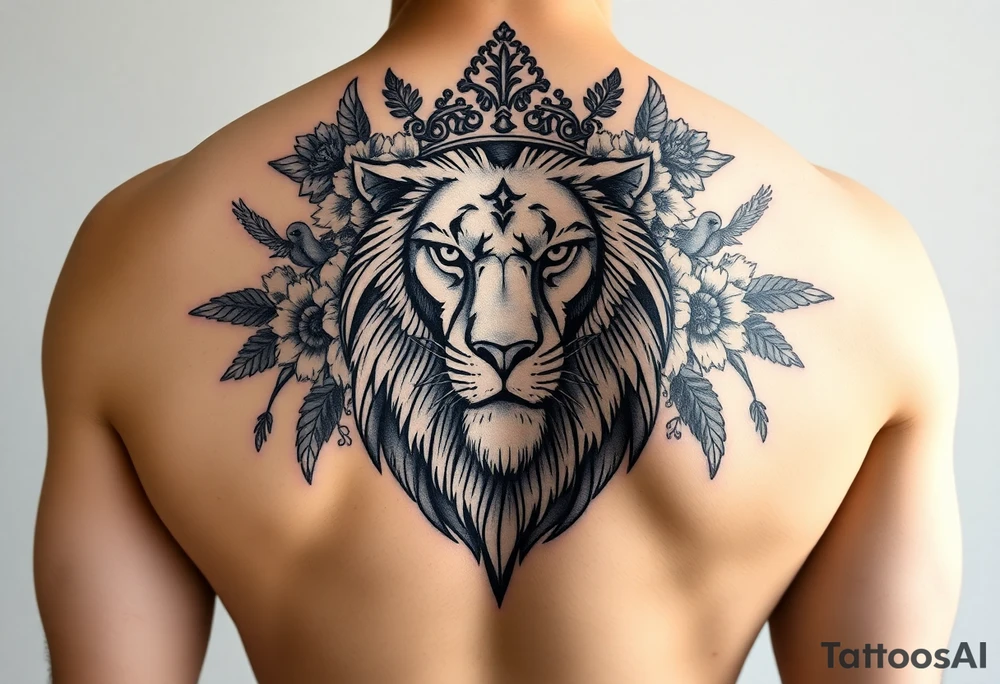 powerful majestic lion with a crown, surrounded by floral ornaments and birds tattoo idea